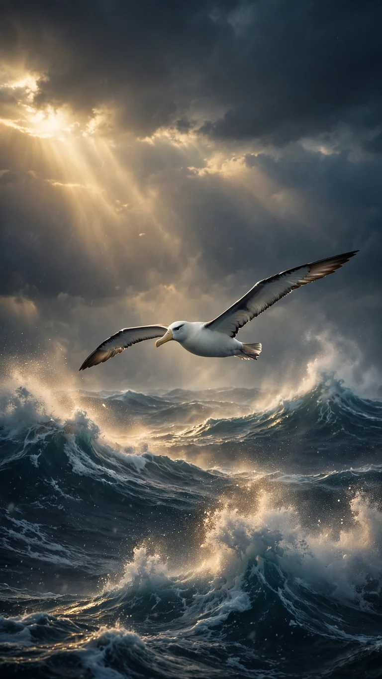 Albatross gliding over stormy ocean waves with golden light, vertical ocean phone wallpaper