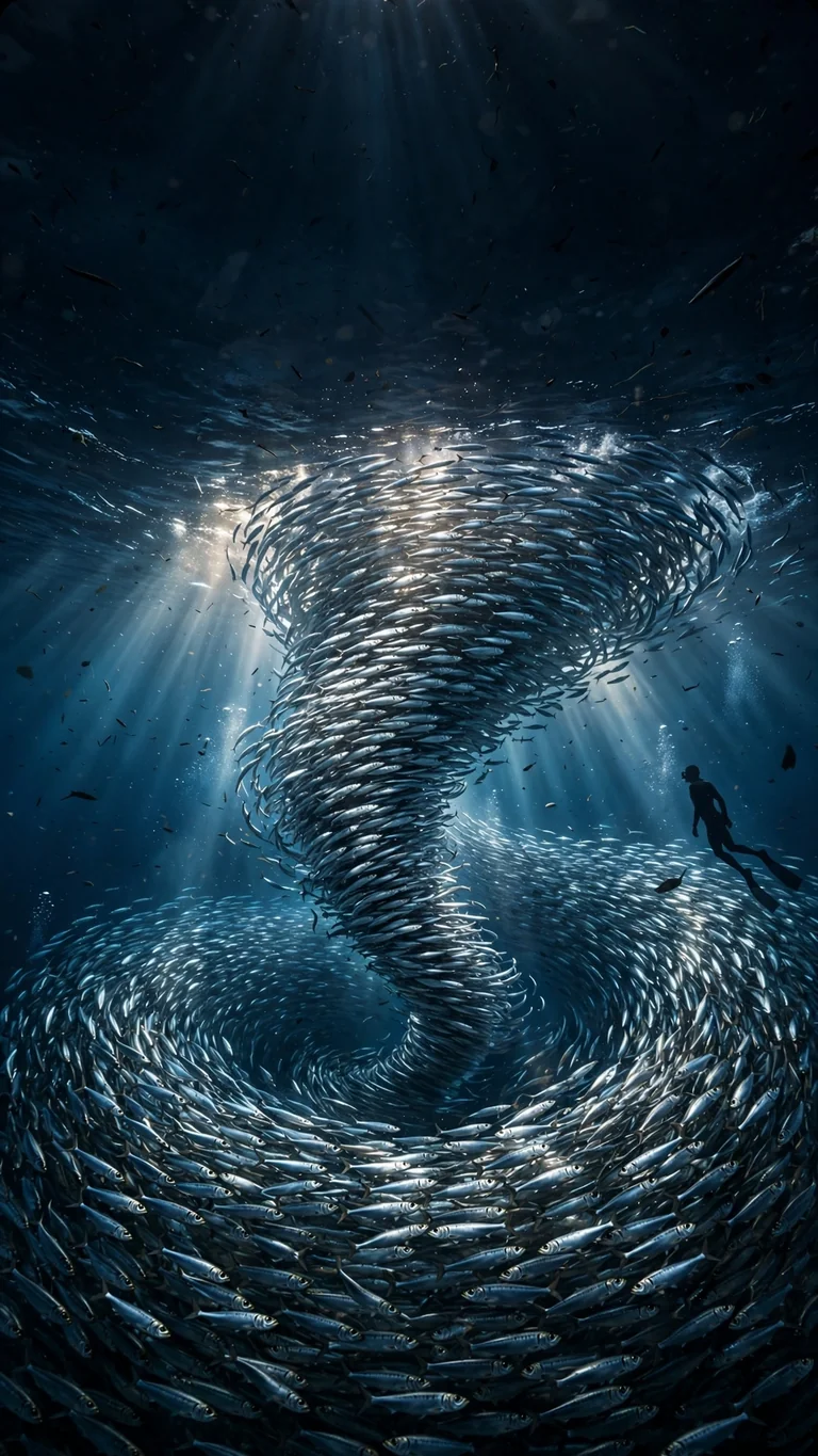 Swirling sardine bait ball tornado with freediver silhouette, vertical ocean phone wallpaper