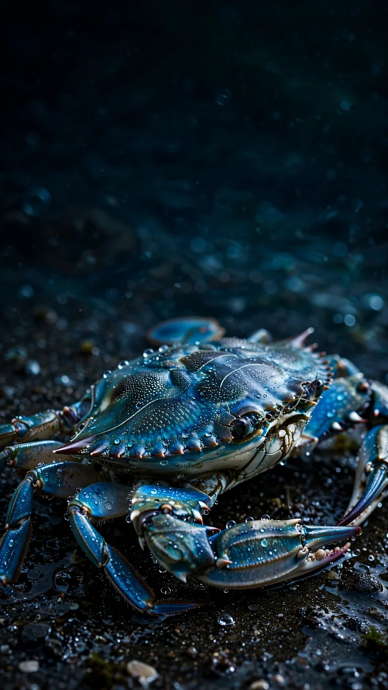 Blue crab macro on dark wet sand with water droplets, vertical ocean phone wallpaper