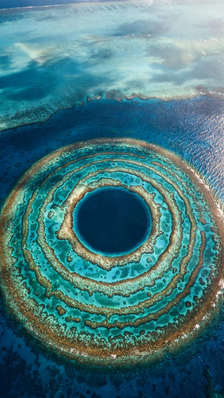 Aerial view of a giant blue hole in a coral atoll, vertical ocean phone wallpaper