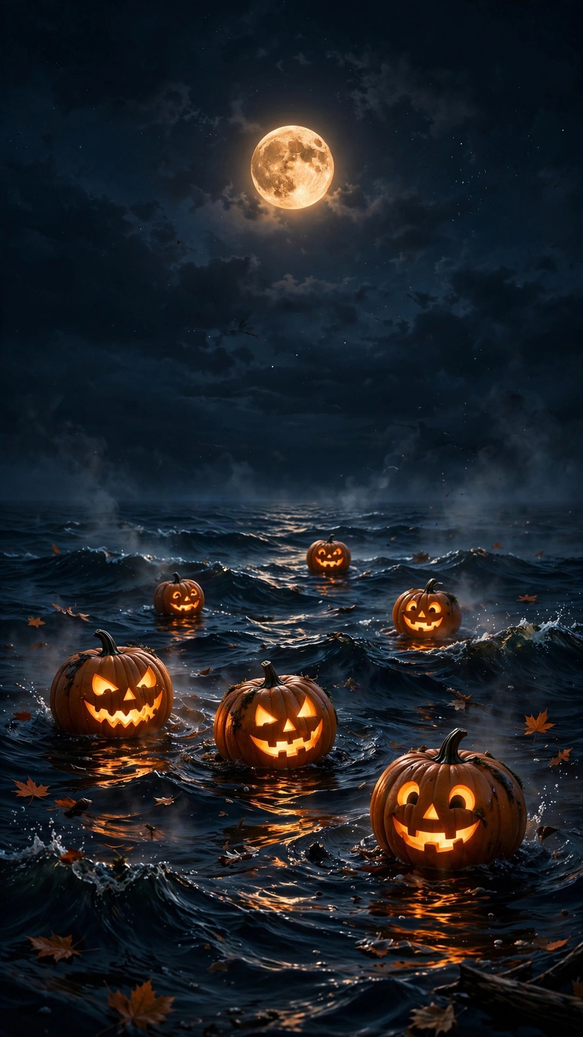 Glowing jack-o-lanterns floating on midnight ocean waves under a full moon, Halloween ocean wallpaper
