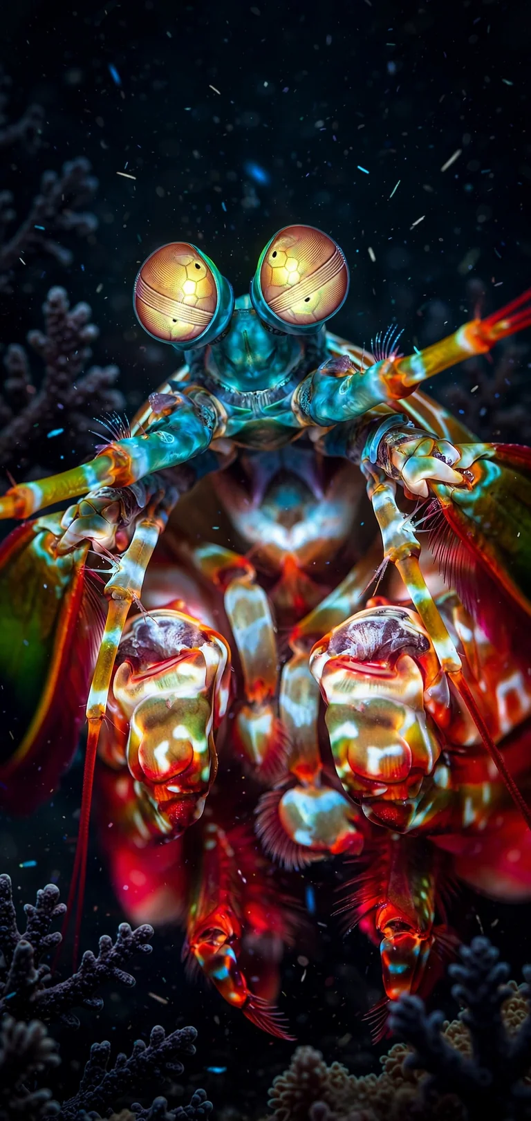 Peacock mantis shrimp macro portrait with iridescent shell, vertical ocean phone wallpaper