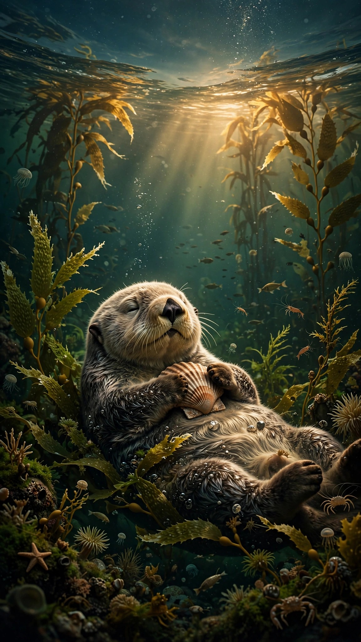 Sea otter floating on its back in a kelp forest at sunset, vertical ocean phone wallpaper