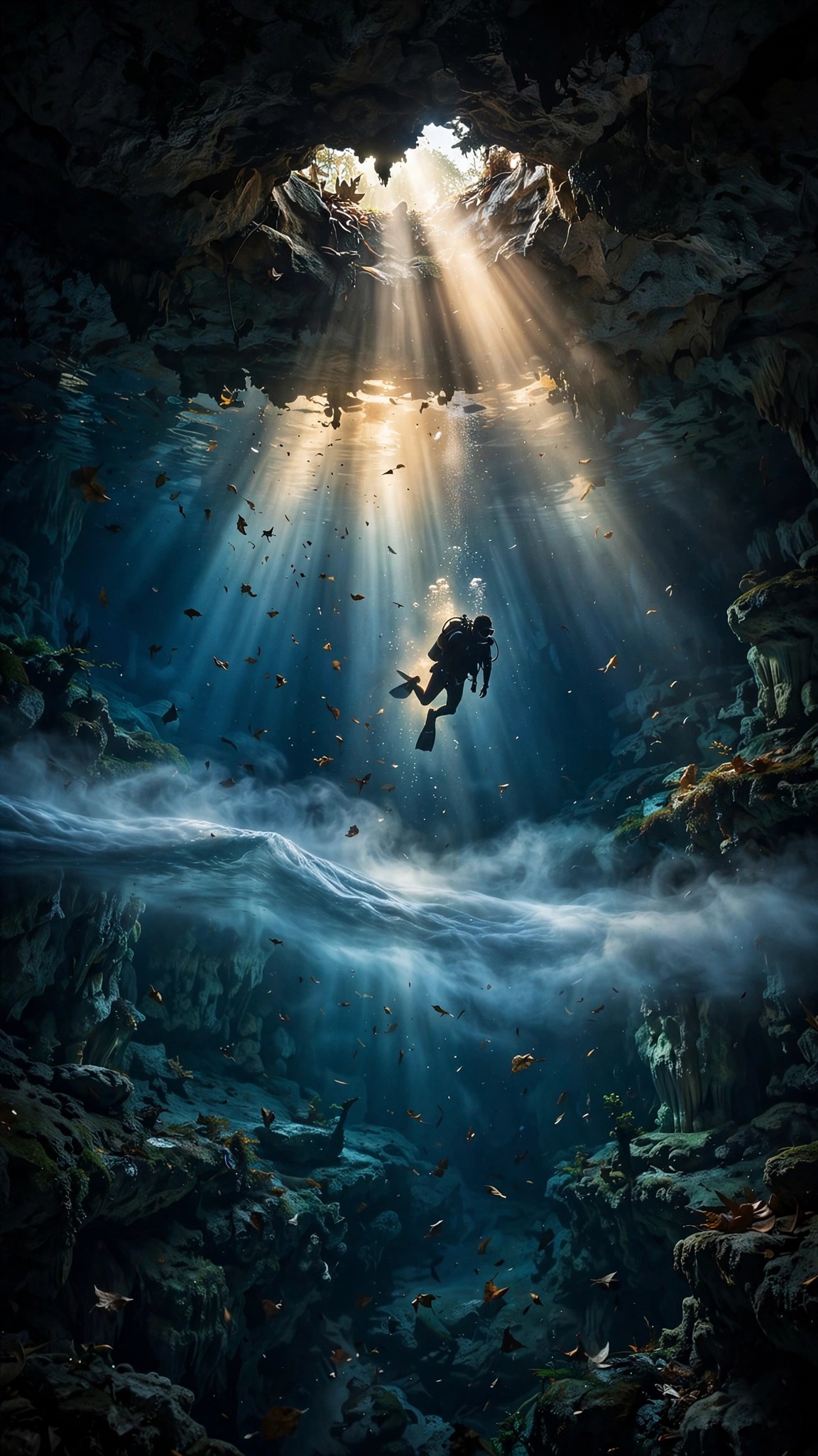 Scuba diver in cenote with sunbeams and underwater river, vertical ocean wallpaper