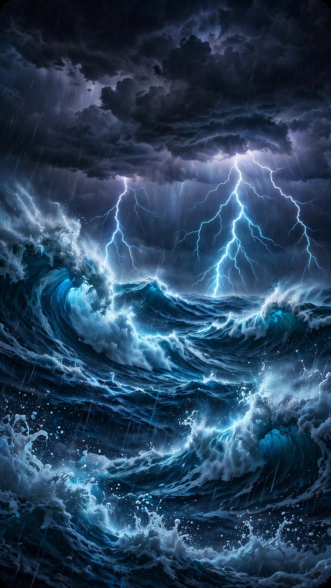 Lightning bolts striking stormy ocean waves at night, vertical ocean wallpaper