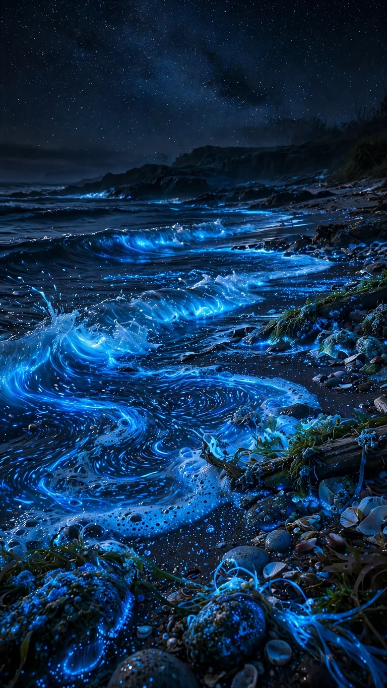 Glowing Plankton Night Beach, vertical ocean wallpaper