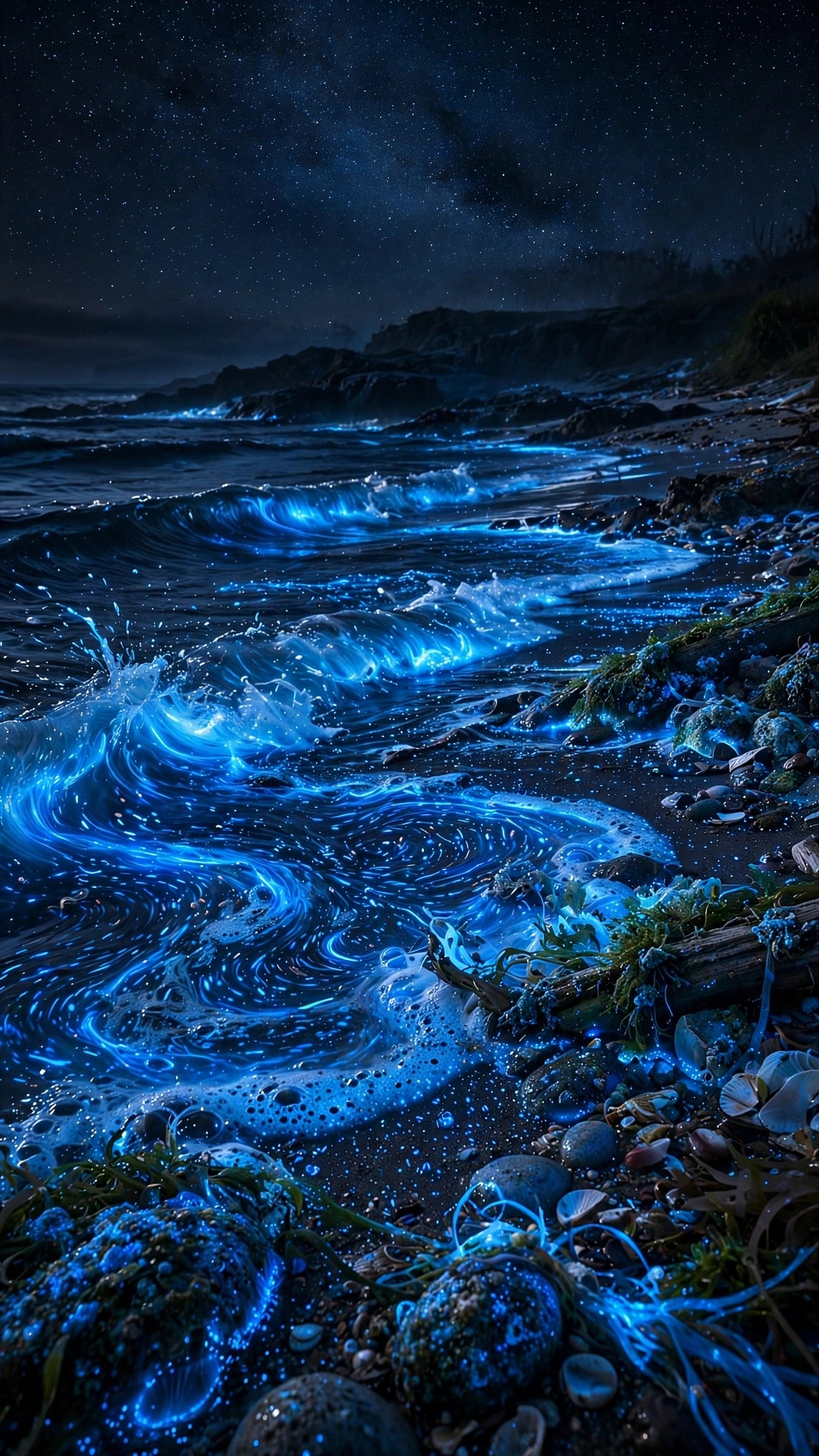 Glowing Plankton Night Beach, vertical ocean wallpaper