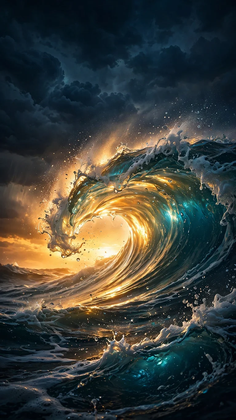 Golden Backlit Storm Wave, vertical ocean wallpaper