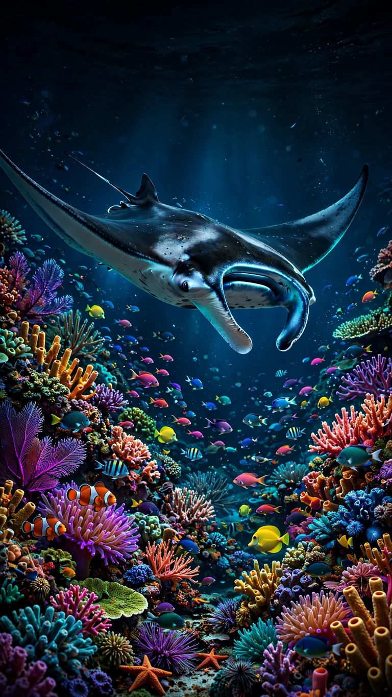 Manta Ray over Coral Reef, vertical ocean wallpaper