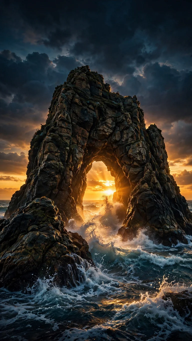 Sea Stack Arch Sunset, vertical ocean wallpaper