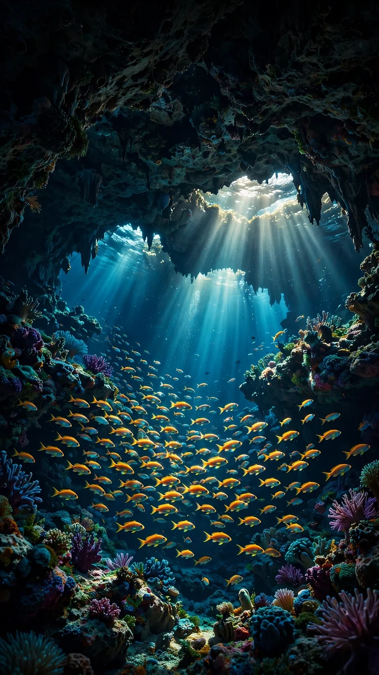 Underwater Grotto Light Shafts, vertical ocean wallpaper