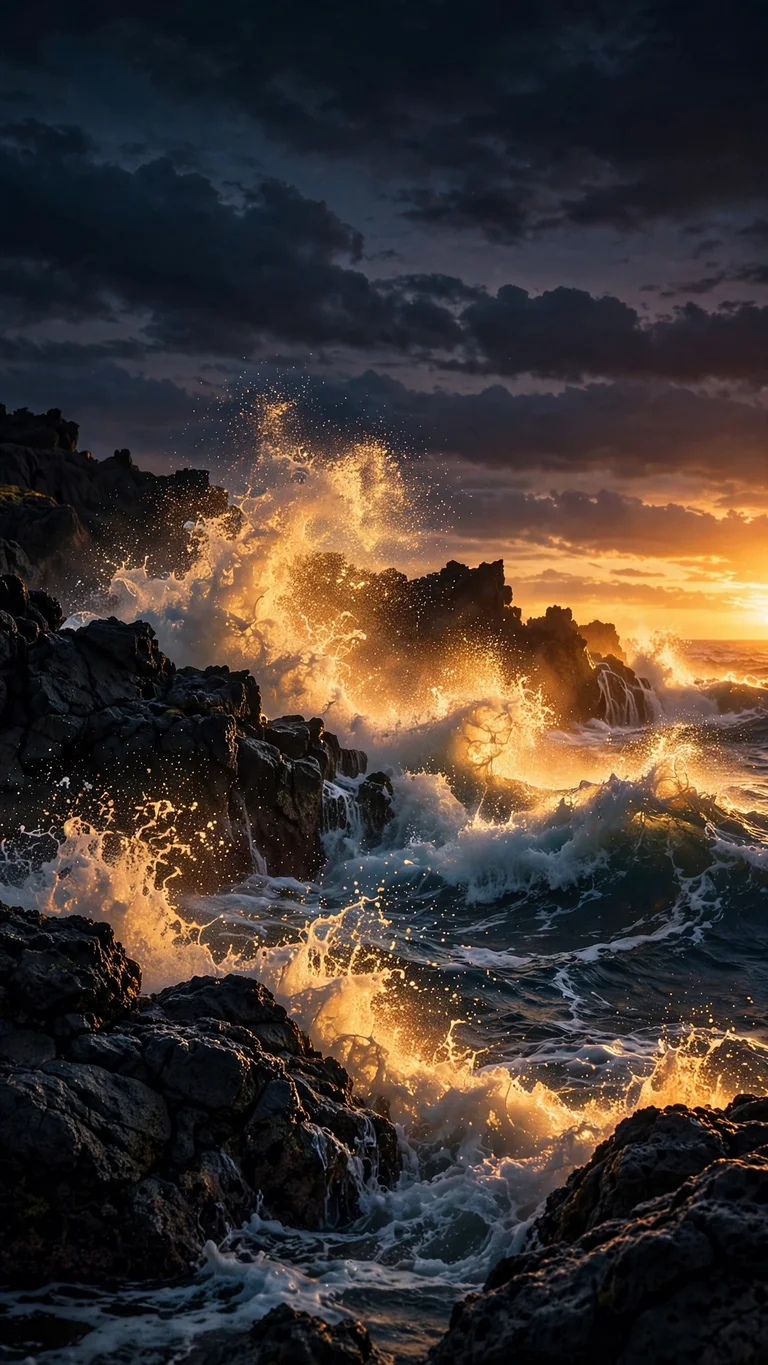 Volcanic Rock Waves Sunset, vertical ocean wallpaper