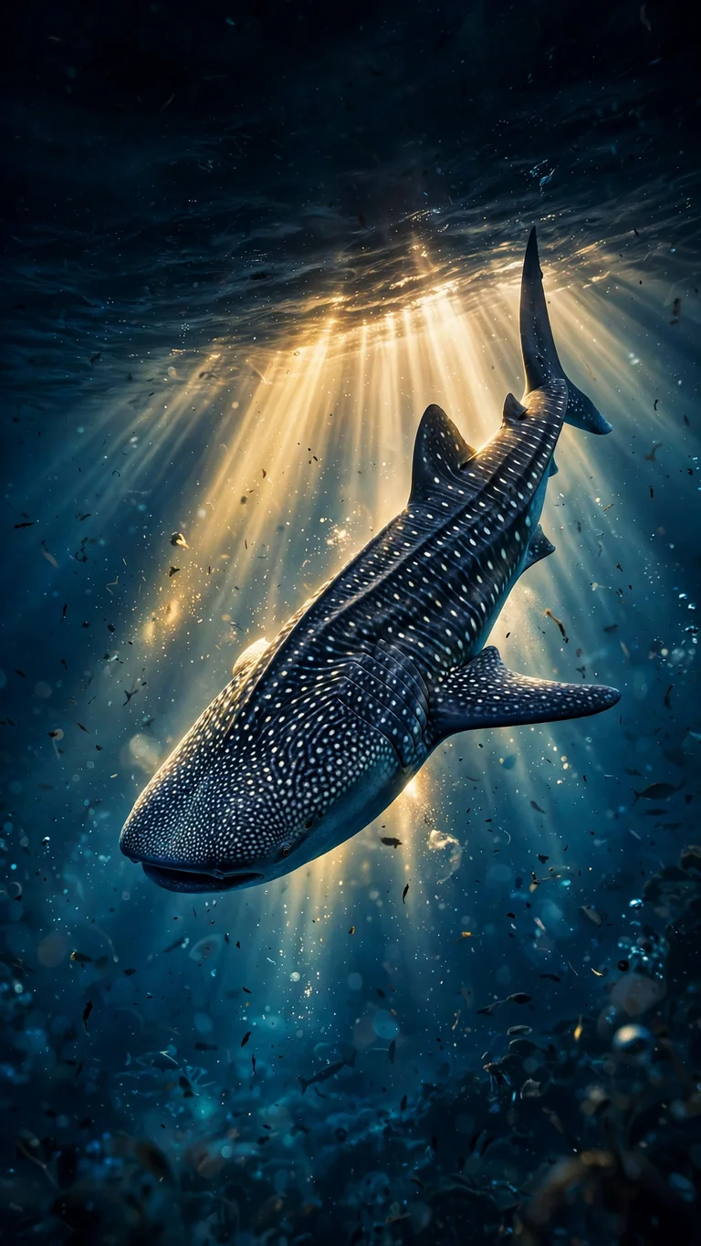 Whale Shark in Sunbeams, vertical ocean wallpaper