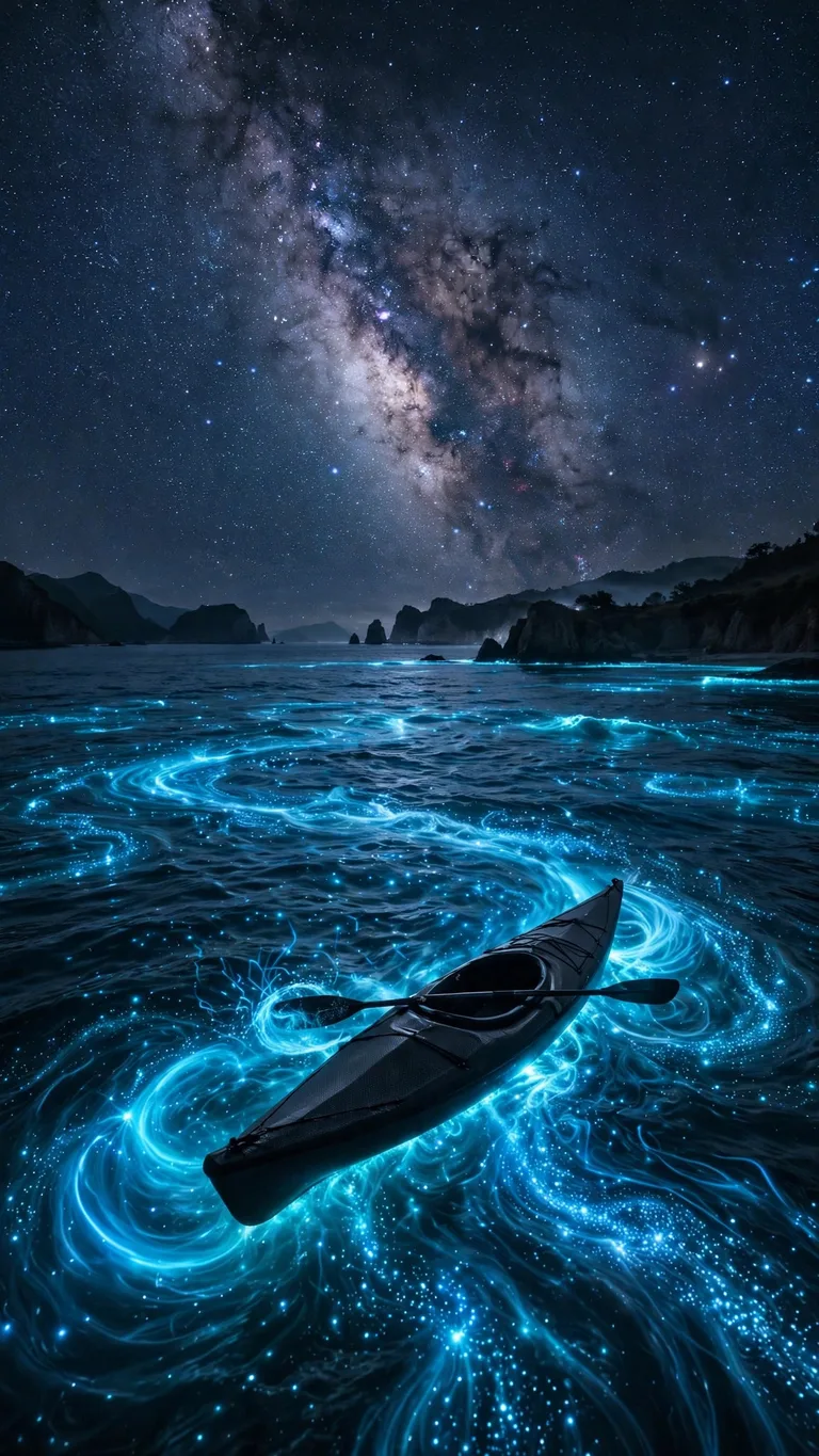 Kayak gliding through glowing bioluminescent bay water under the Milky Way at night, vertical wallpaper