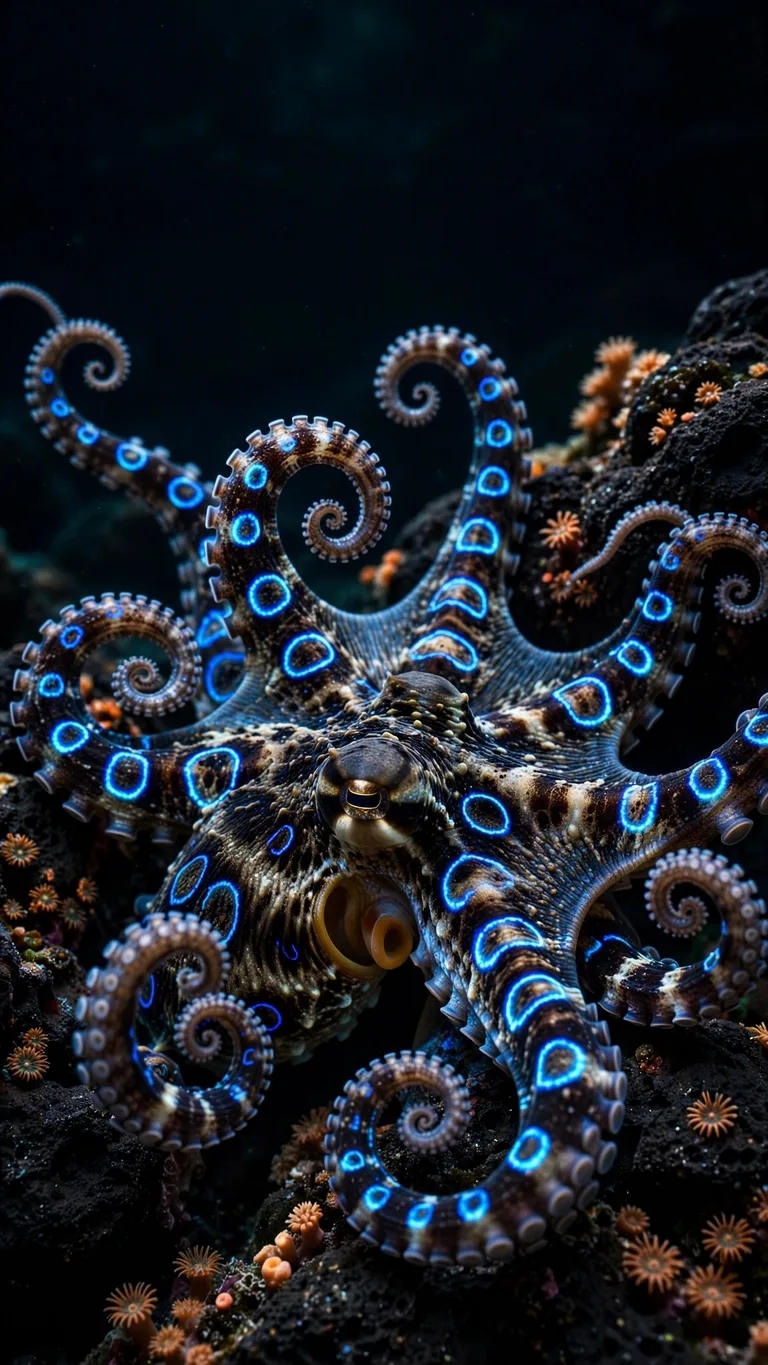 Blue-ringed octopus with glowing electric-blue rings on dark volcanic reef, extreme macro ocean wallpaper