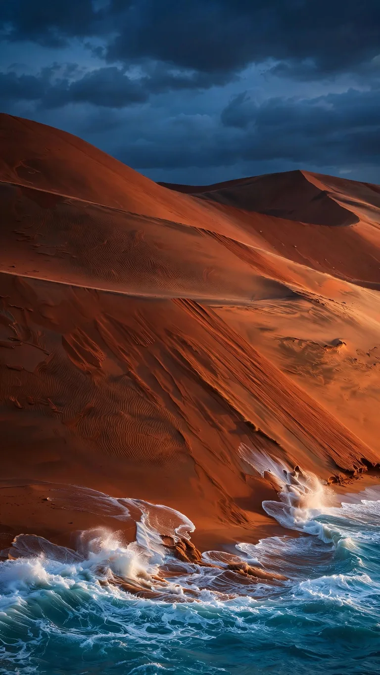 Rust-red desert dunes plunging into a turquoise ocean under warm light, vertical wallpaper