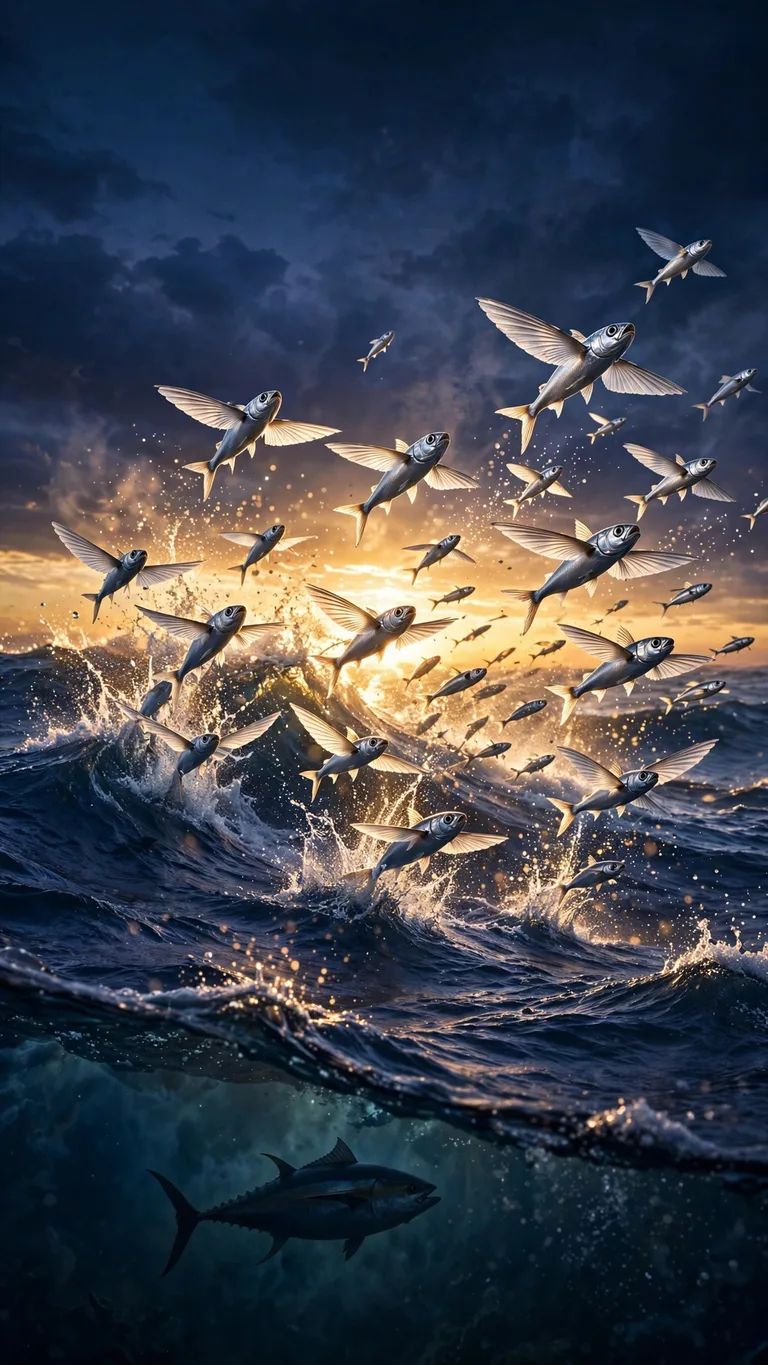 School of silver flying fish gliding above indigo waves at golden sunset, vertical ocean wallpaper