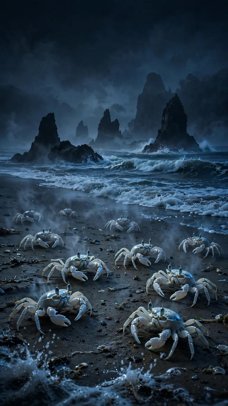 Pale ghost crabs scuttling on dark moonlit beach sand with sea stacks, vertical ocean wallpaper