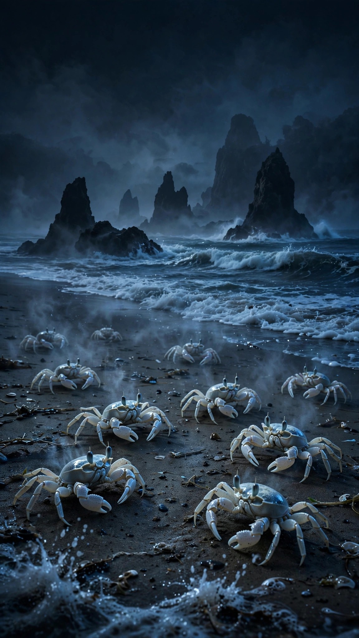 Pale ghost crabs scuttling on dark moonlit beach sand with sea stacks, vertical ocean wallpaper
