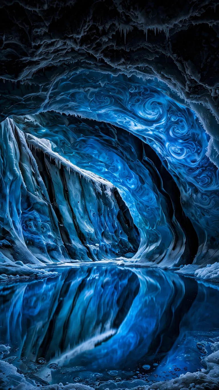 Glowing blue glacier ice cave interior with mirror meltwater pool reflections, vertical ocean wallpaper