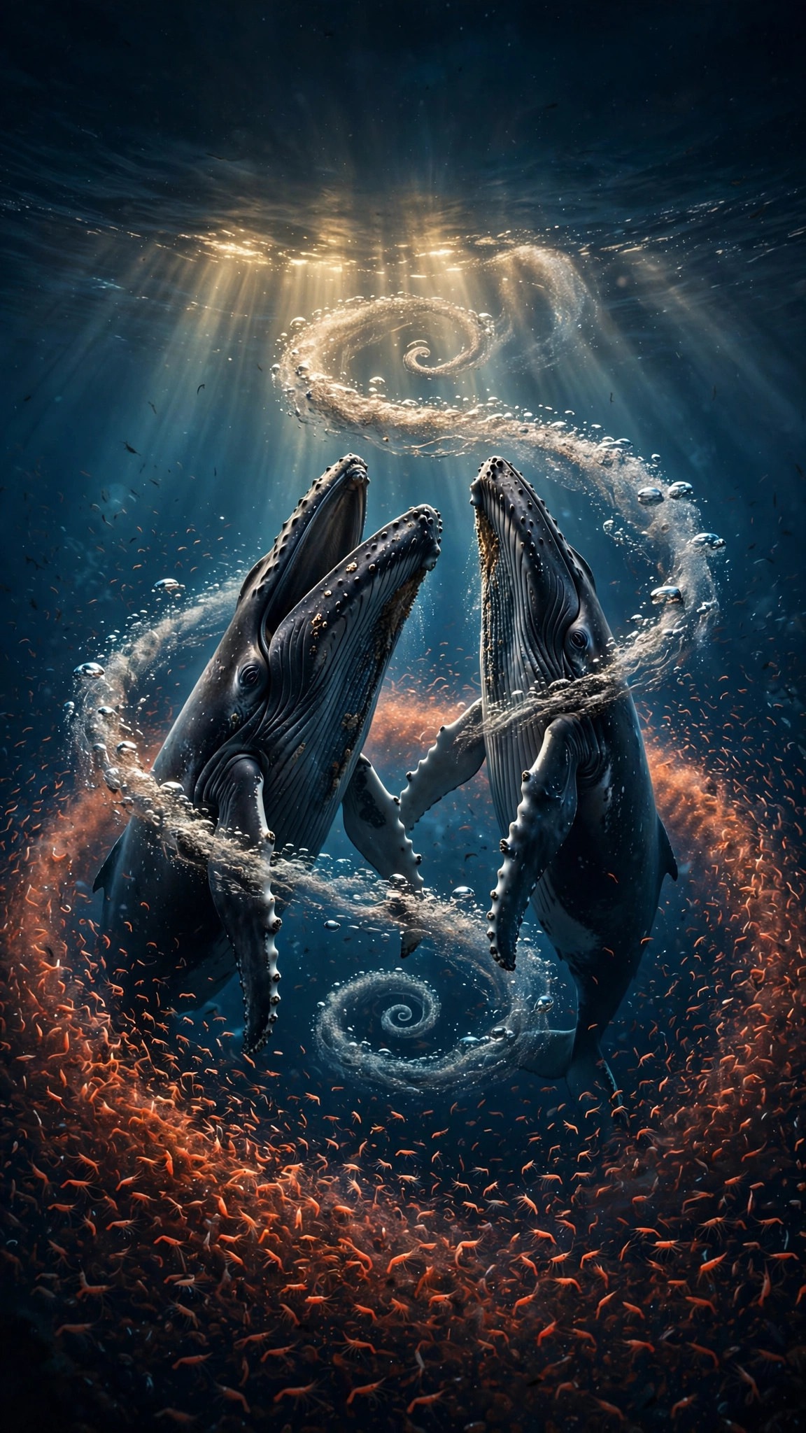 Two humpback whales lunge feeding through a spiral bubble net in deep blue ocean water, vertical wallpaper