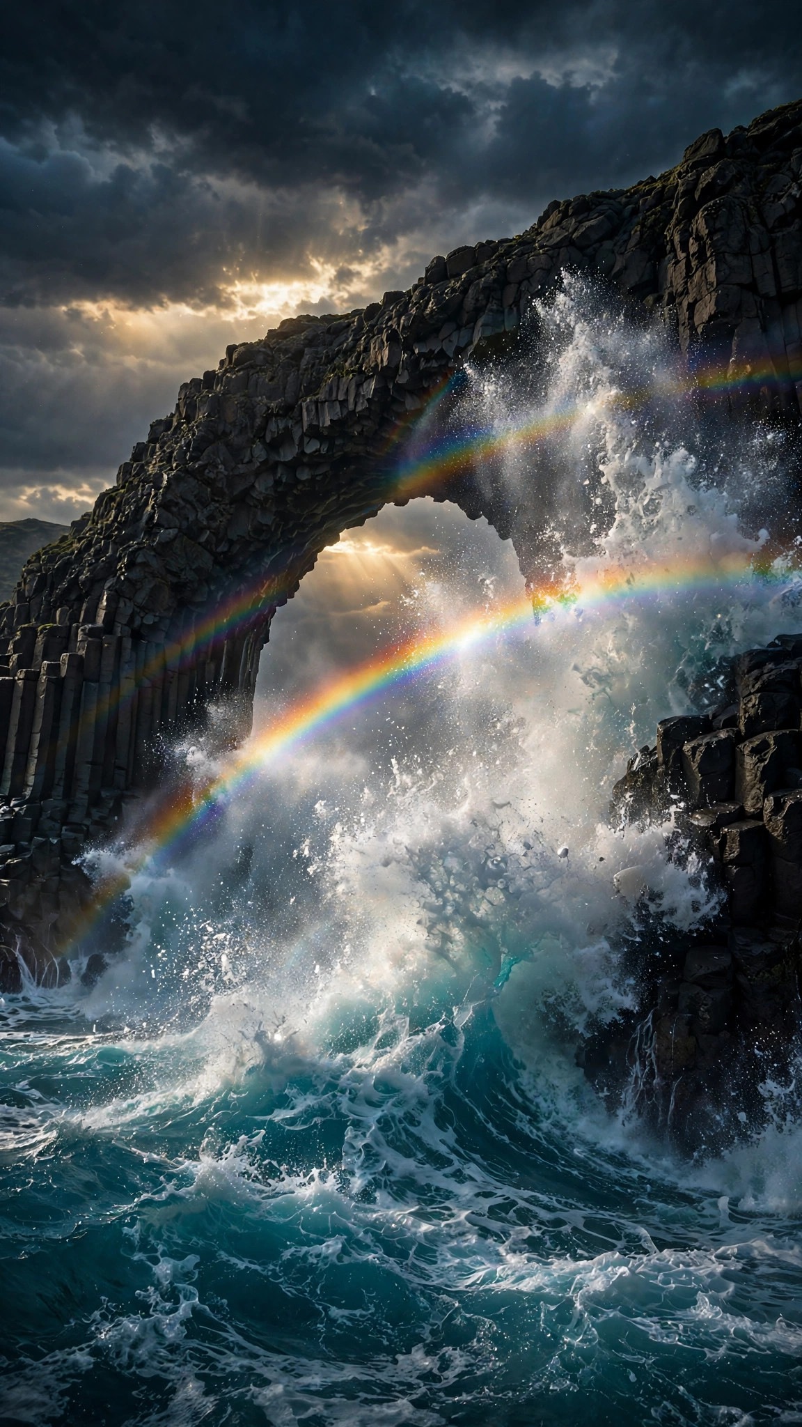 Massive wave exploding against a basalt sea arch with a double rainbow in the spray, vertical ocean wallpaper