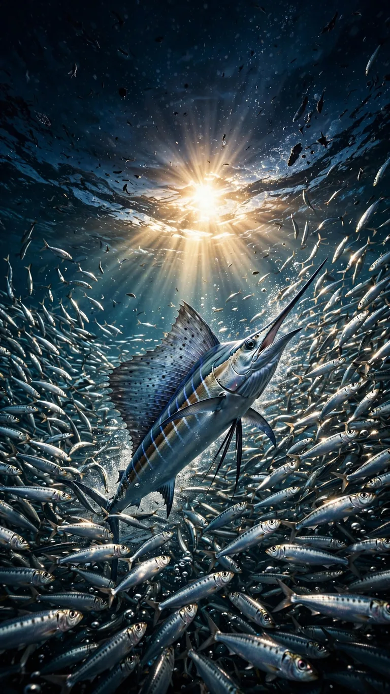 Sailfish with spread dorsal sail hunting a sardine ball under a sunburst, vertical ocean wallpaper