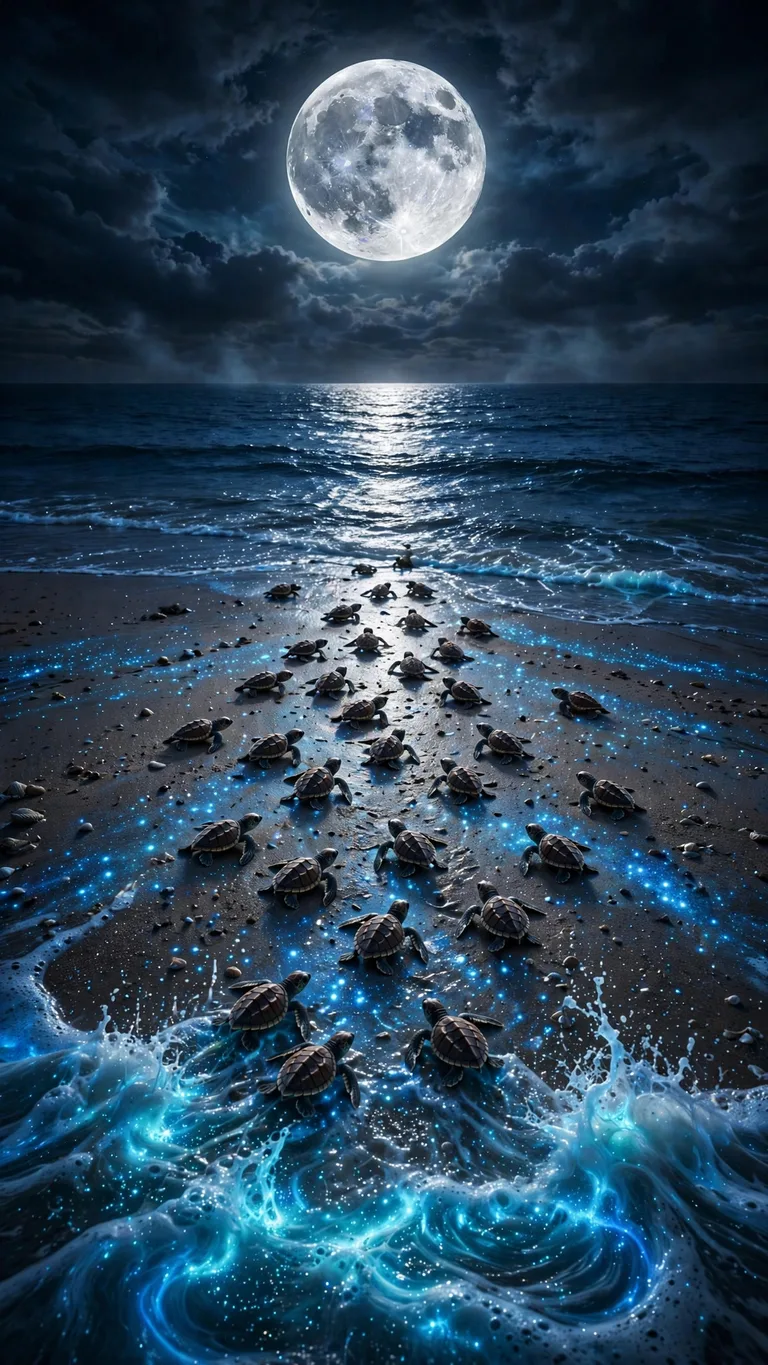 Sea turtle hatchlings racing to moonlit glowing surf under a full moon, vertical ocean wallpaper