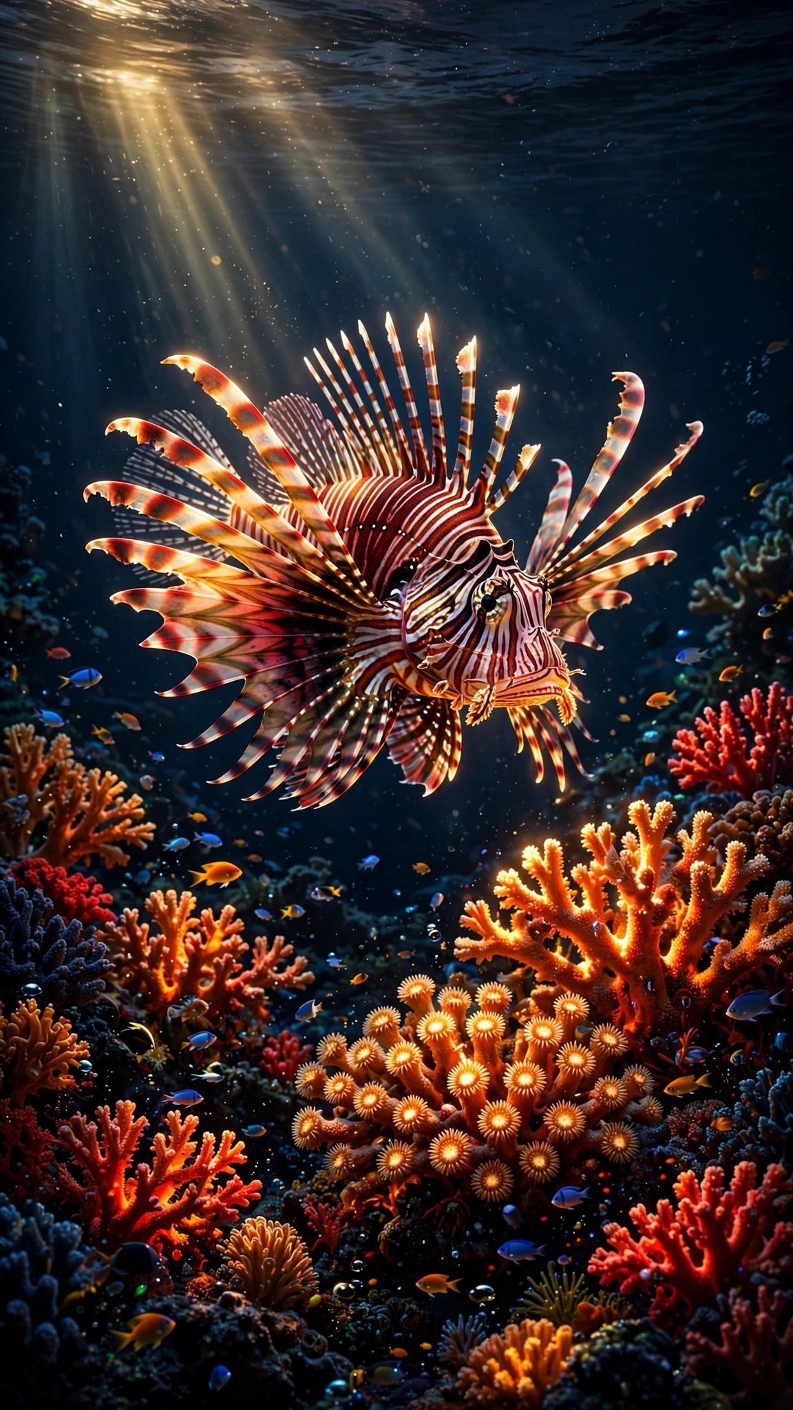 Lionfish Over Fire Coral Dusk, vertical ocean wallpaper