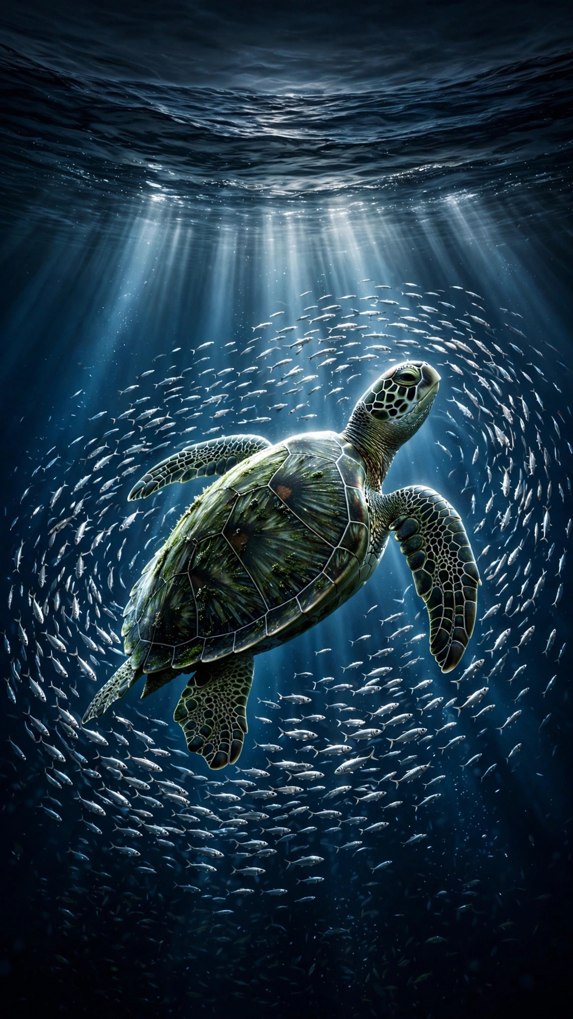 Sea Turtle Under Moonlit Surface, vertical ocean wallpaper