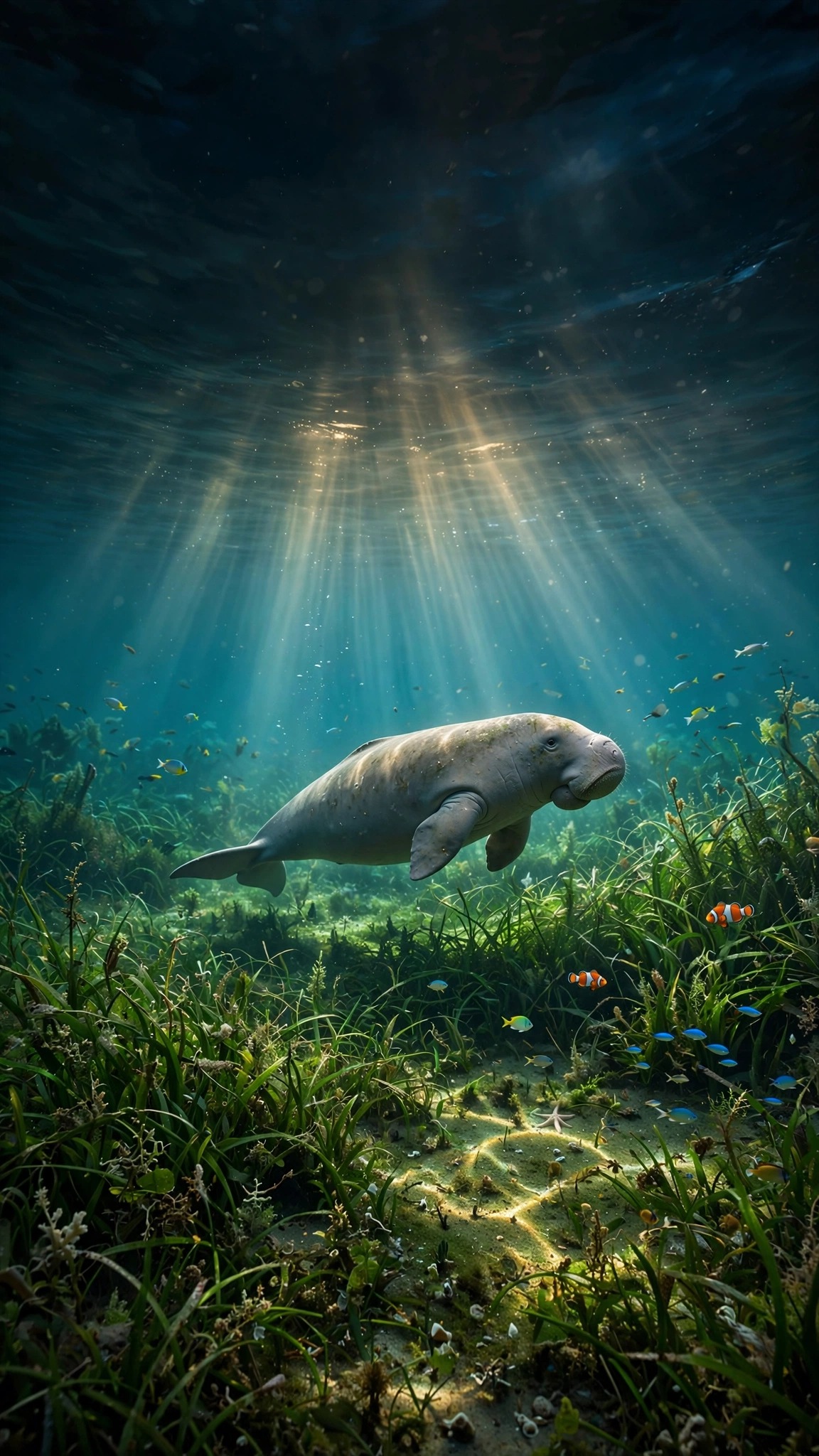 Dugong gliding over a lush emerald seagrass meadow with sunbeams, vertical ocean wallpaper