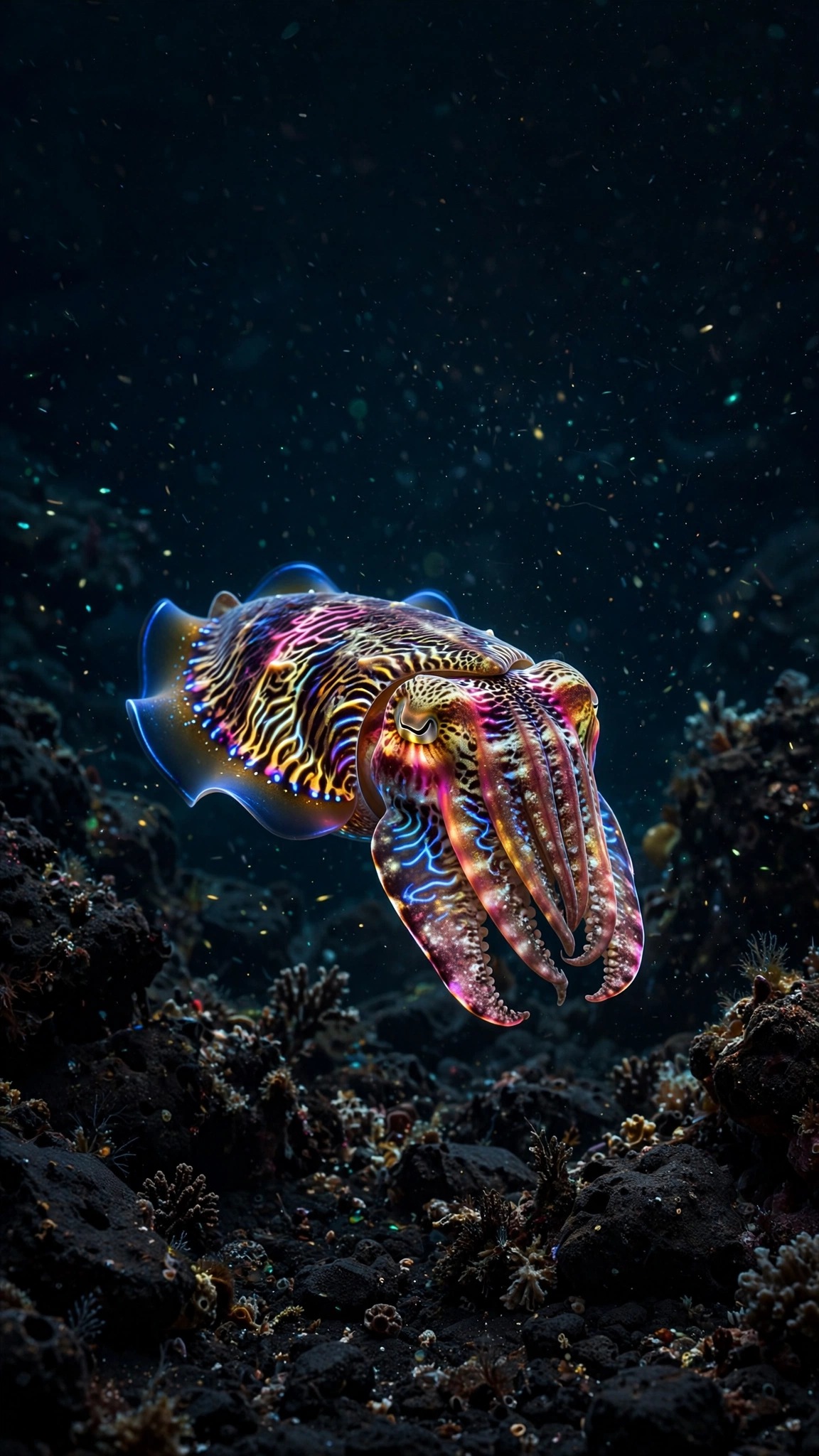 Flamboyant cuttlefish with rippling magenta and blue patterns over a dark volcanic reef, vertical ocean wallpaper