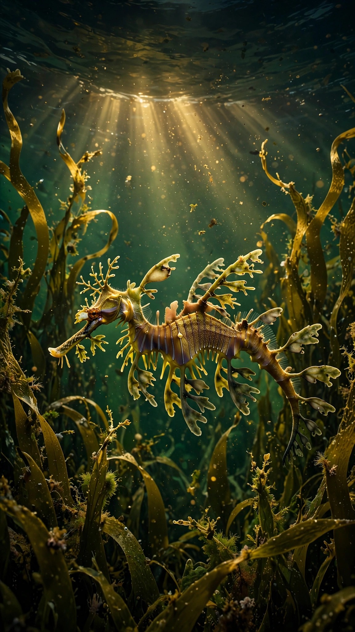 Leafy seadragon among golden kelp fronds with god rays in emerald water, vertical ocean wallpaper