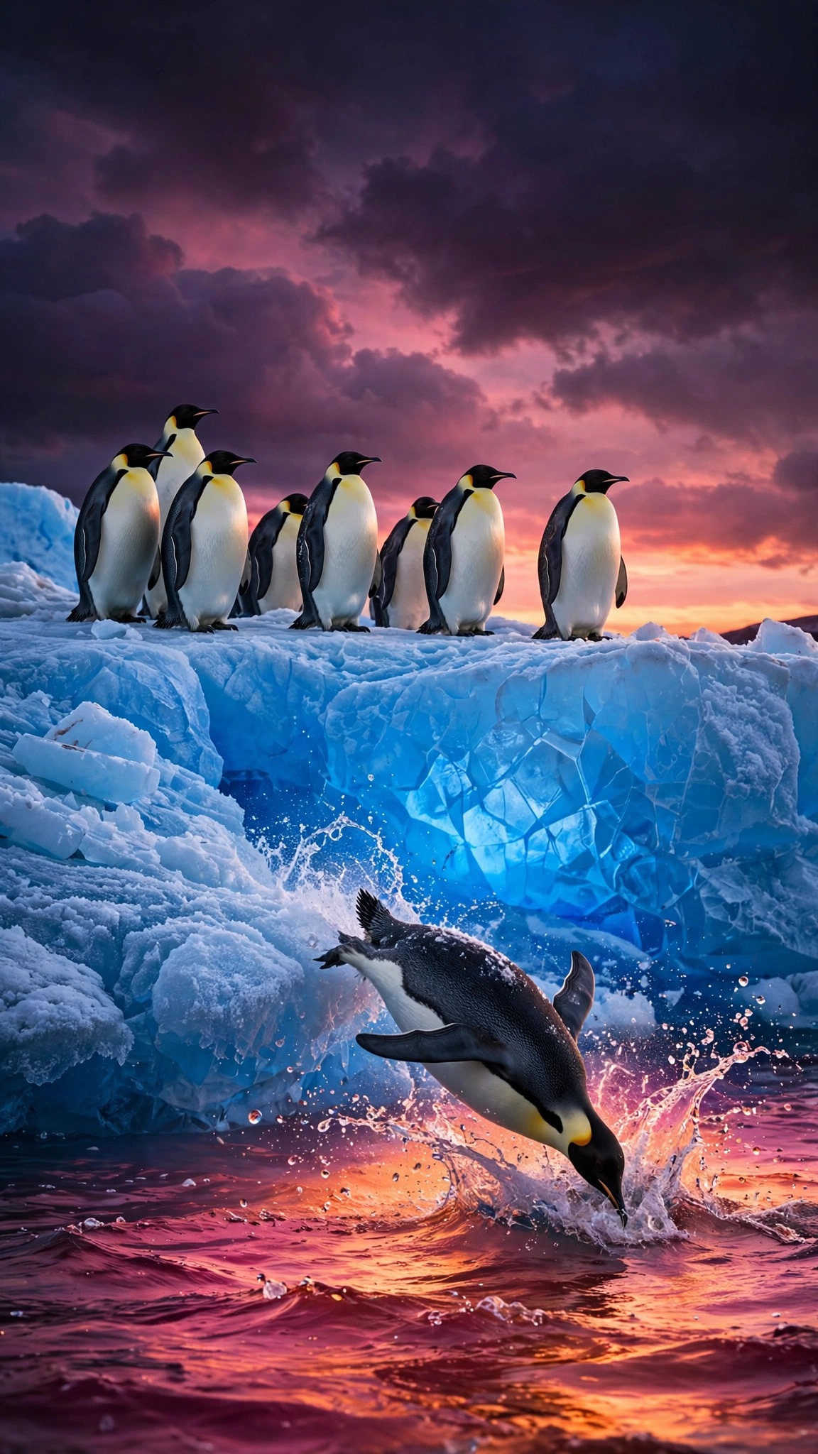 Emperor penguin colony on a glowing blue iceberg at sunset with one diving, vertical ocean wallpaper
