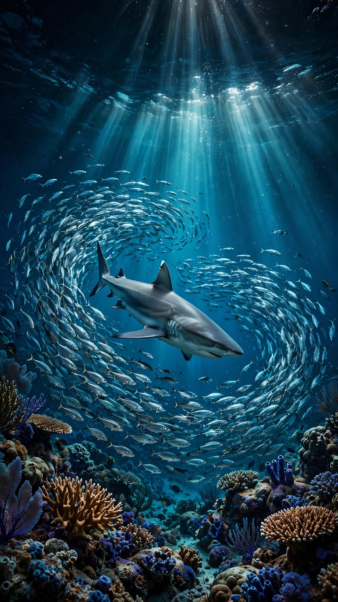 Grey reef shark gliding through a swirling school of fish under cathedral sunbeams above a coral reef, vertical ocean wallpaper
