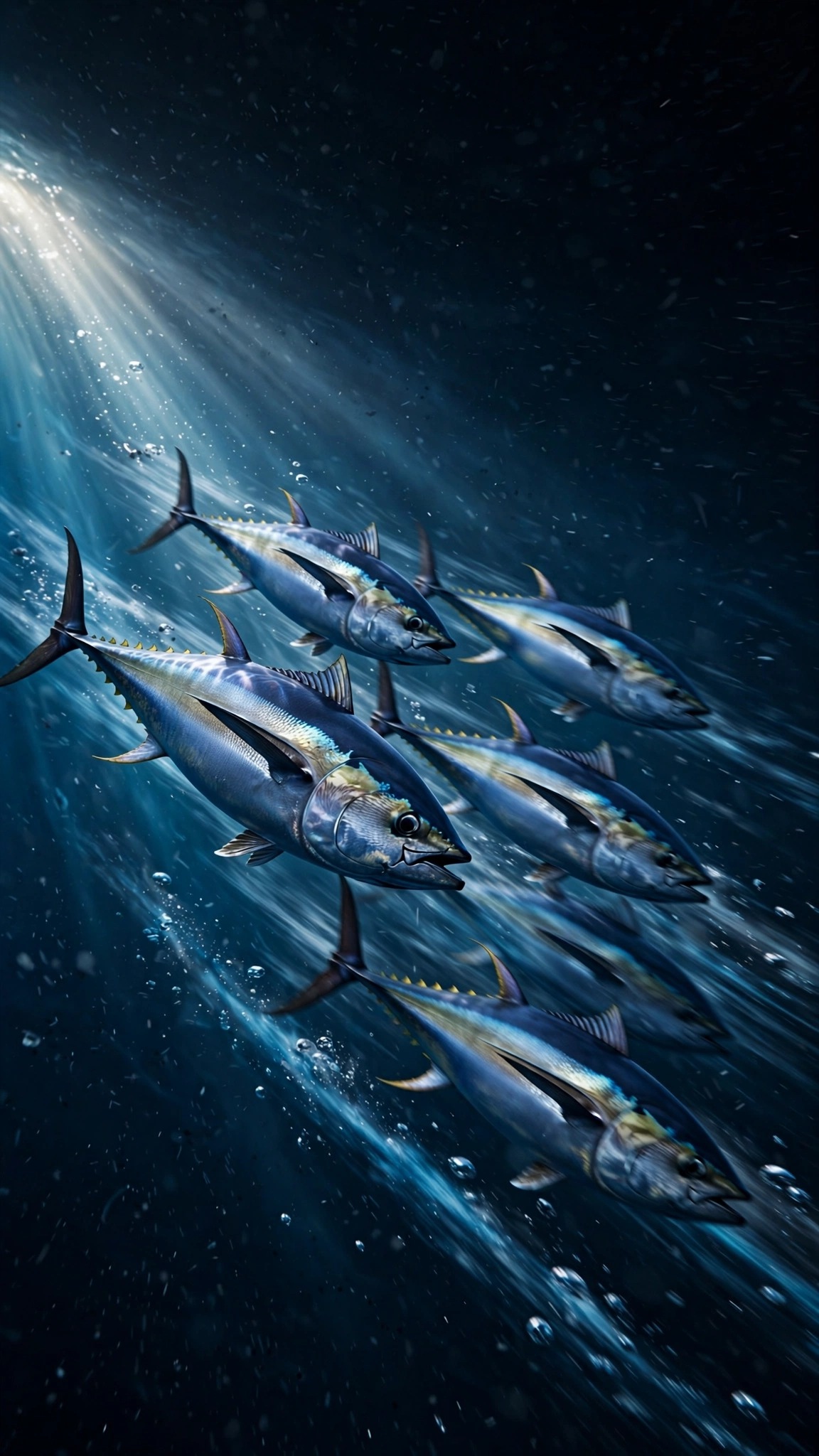 School of bluefin tuna speeding through dark blue water, vertical ocean wallpaper