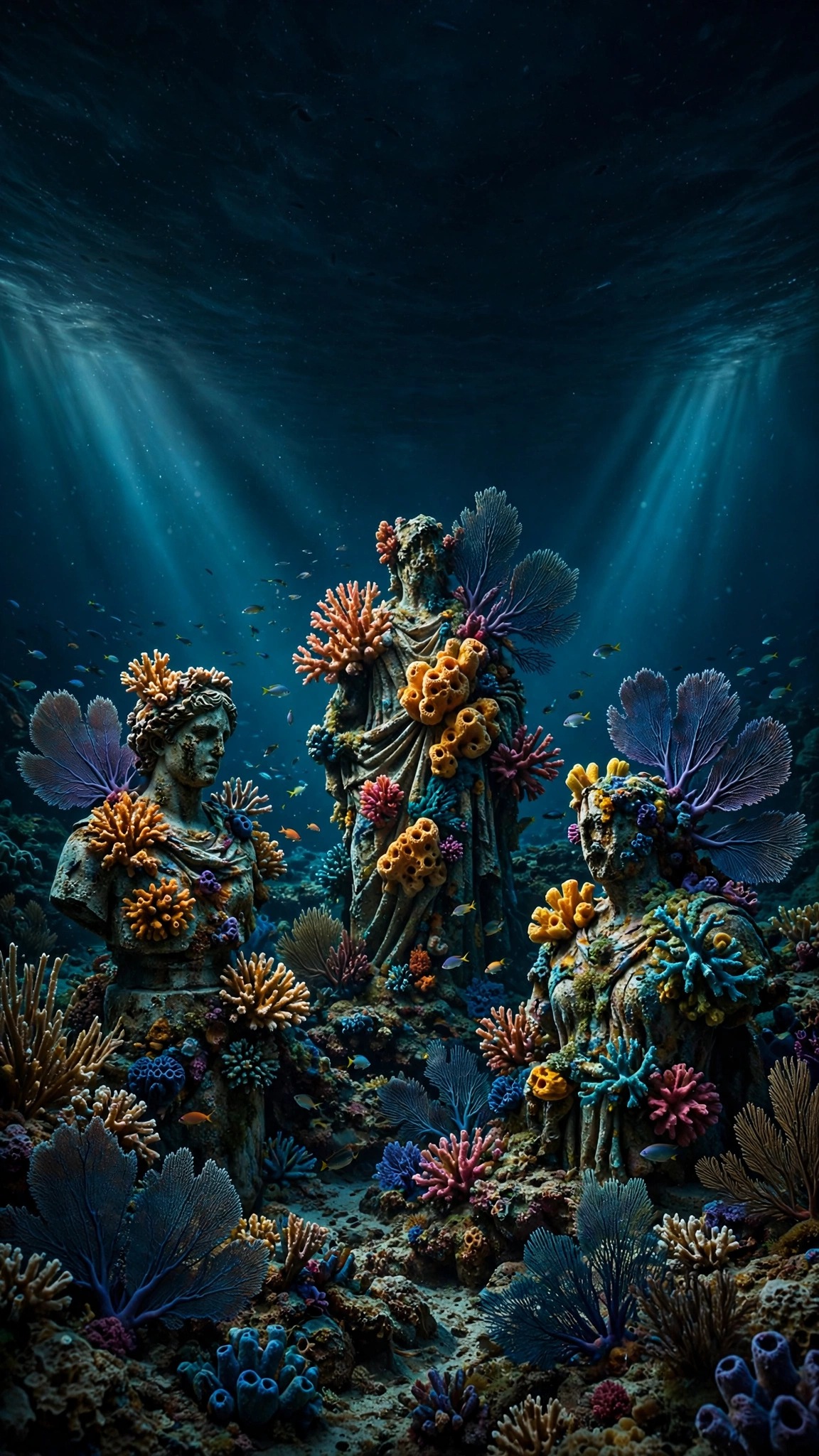 Coral-covered ancient statues on a deep reef with teal light beams, vertical ocean wallpaper