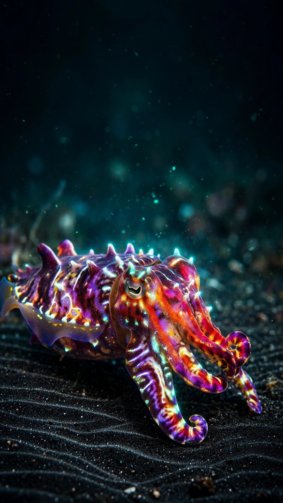 Flamboyant cuttlefish displaying neon colors over black sand, vertical ocean wallpaper