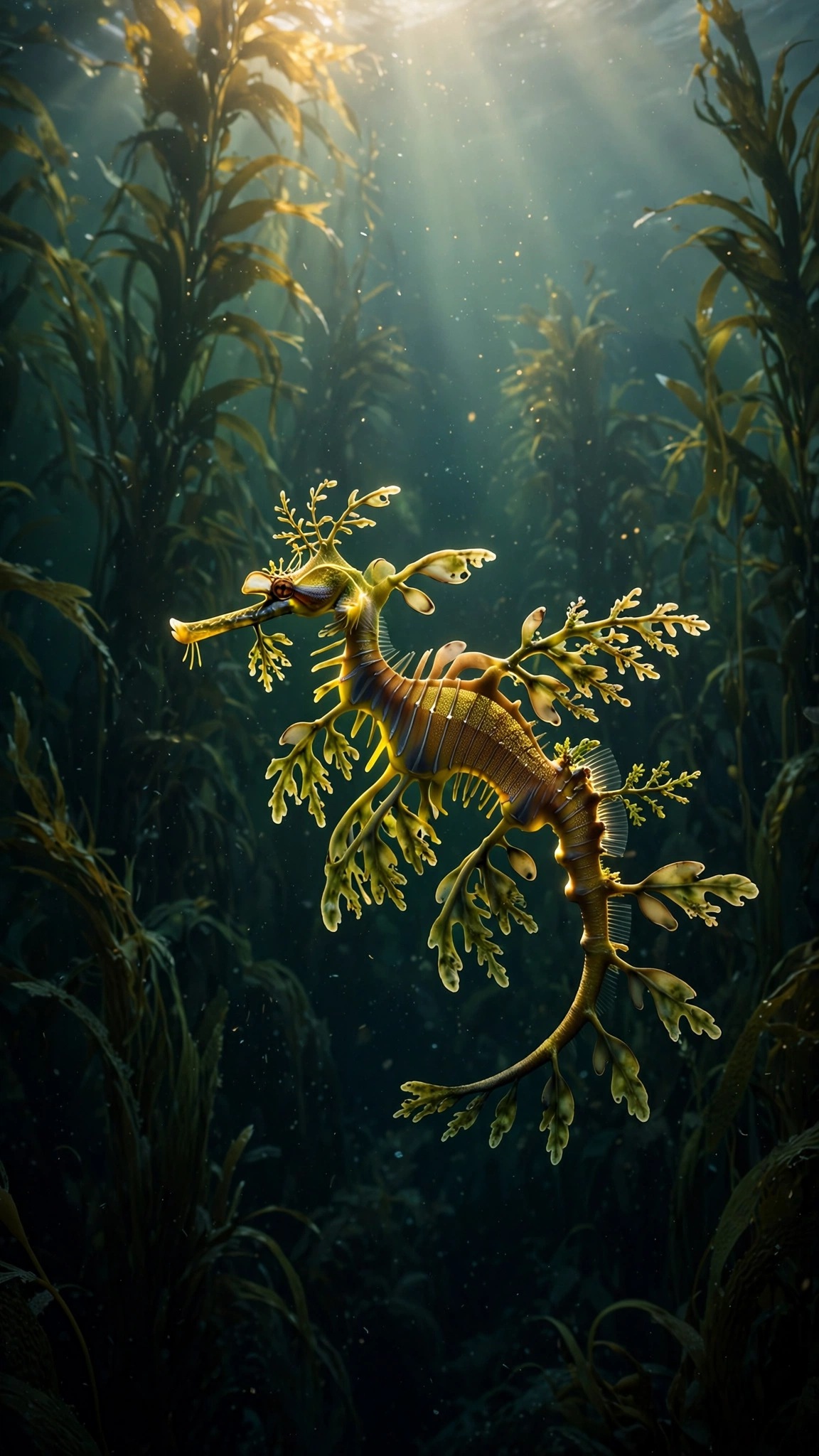Leafy seadragon in kelp forest at dusk with sunbeams, vertical ocean wallpaper