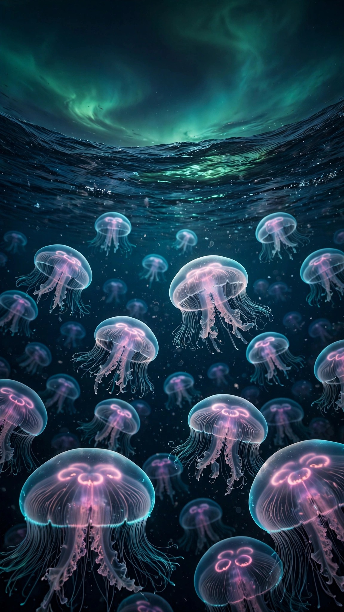 Moon jellyfish swarm glowing beneath aurora borealis, vertical ocean wallpaper