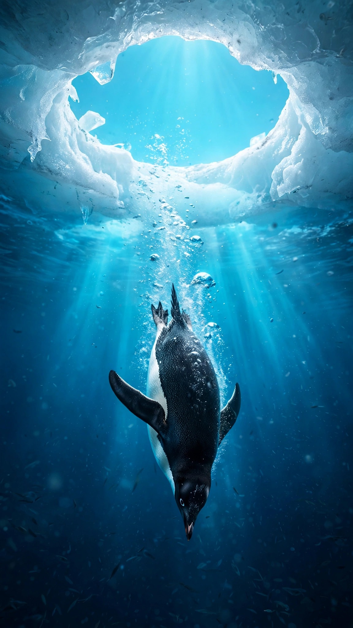 Penguin diving through glowing arctic ice hole, vertical ocean wallpaper