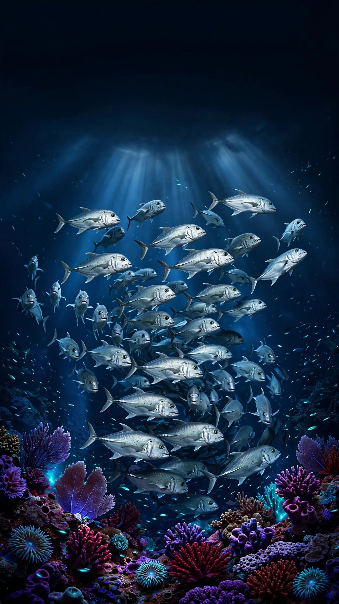 Trevally fish tornado over glowing coral reef at night, vertical ocean wallpaper