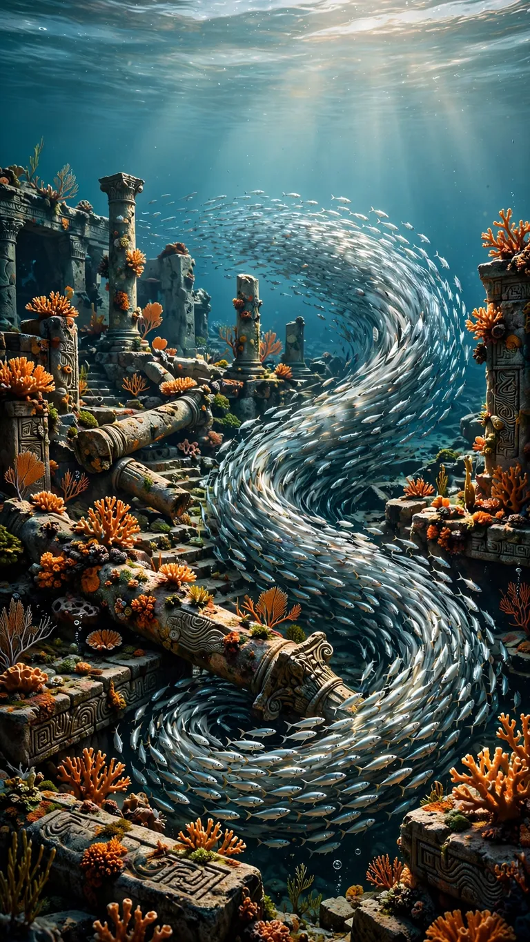 Drowned ancient harbor ruins with a swirling school of silver fish