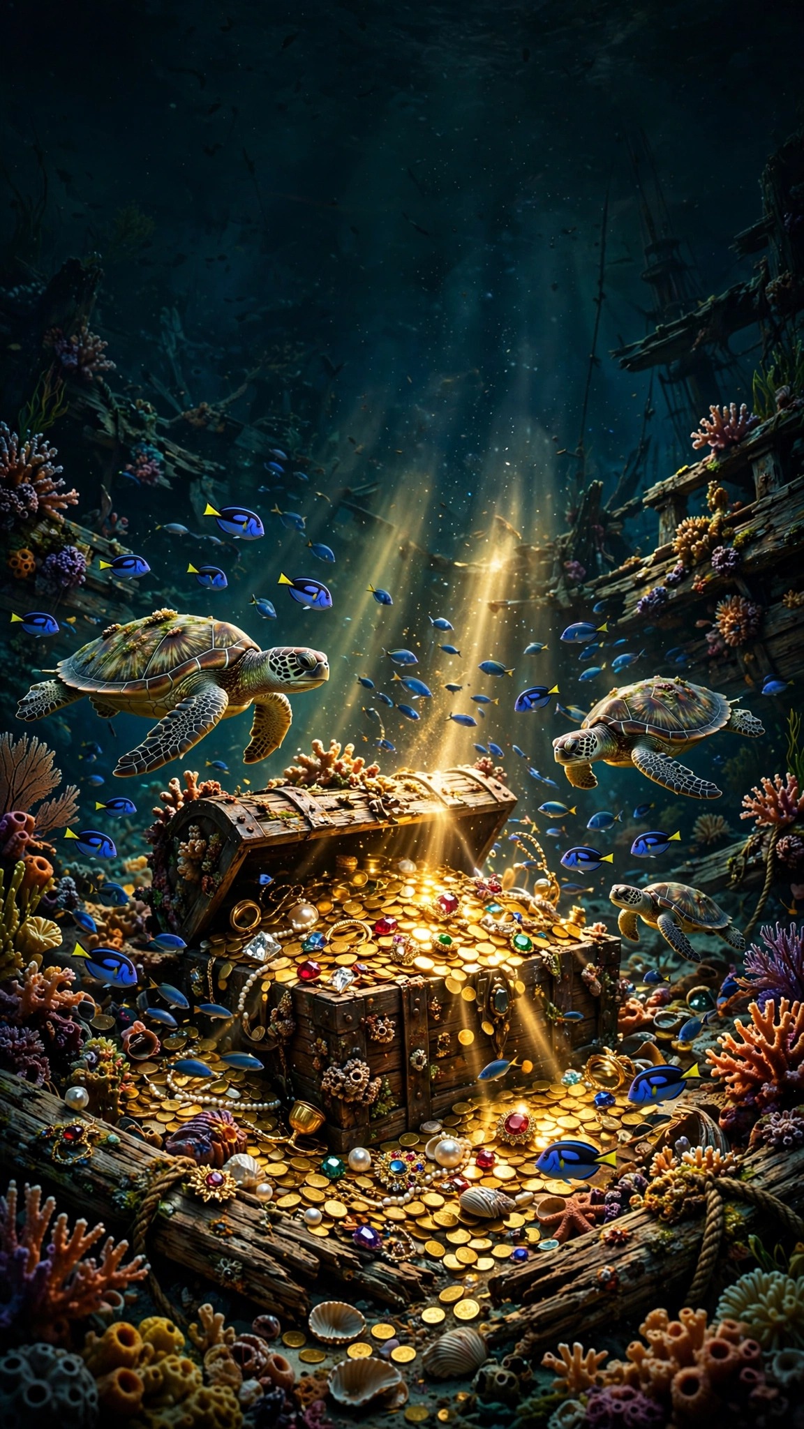Sunken galleon treasure chest glowing under golden underwater light
