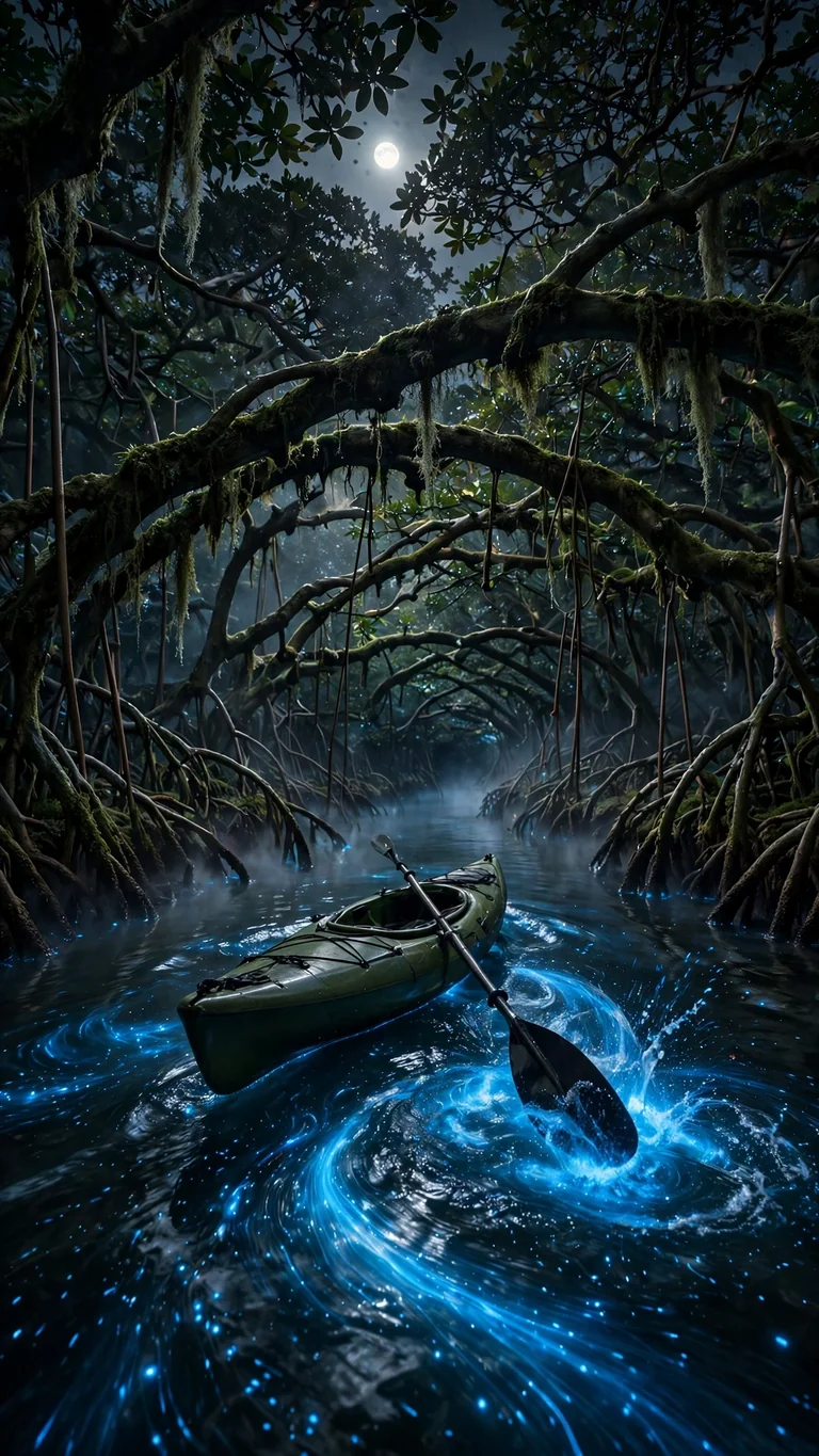 Moonlit Mangrove Kayak Glow — free ocean phone wallpaper