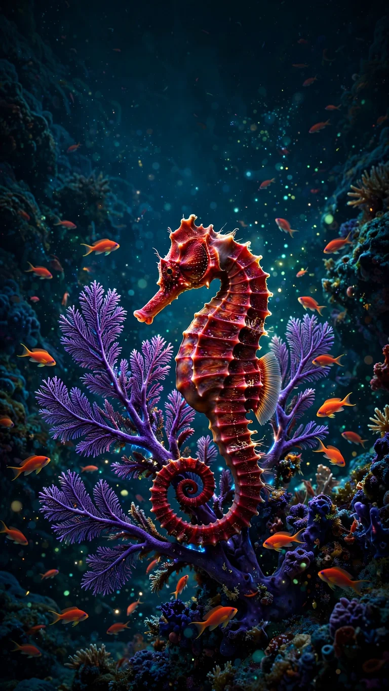 Crimson Seahorse in Violet Fans - crimson seahorse on violet sea fan, orange anthias, Ocean wallpaper