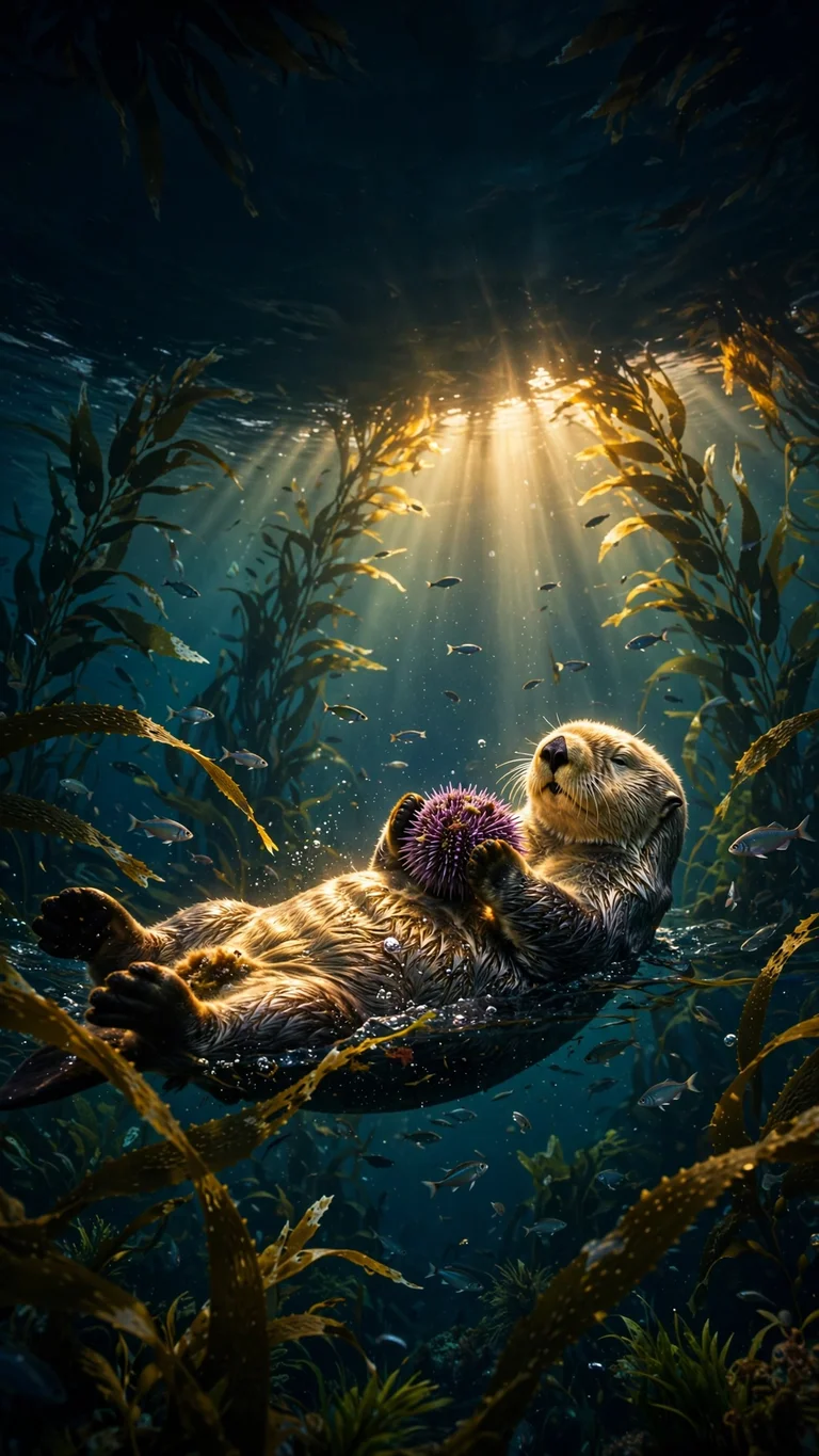Golden Sea Otter in Kelp Canopy - sea otter holding purple urchin in kelp, Ocean wallpaper