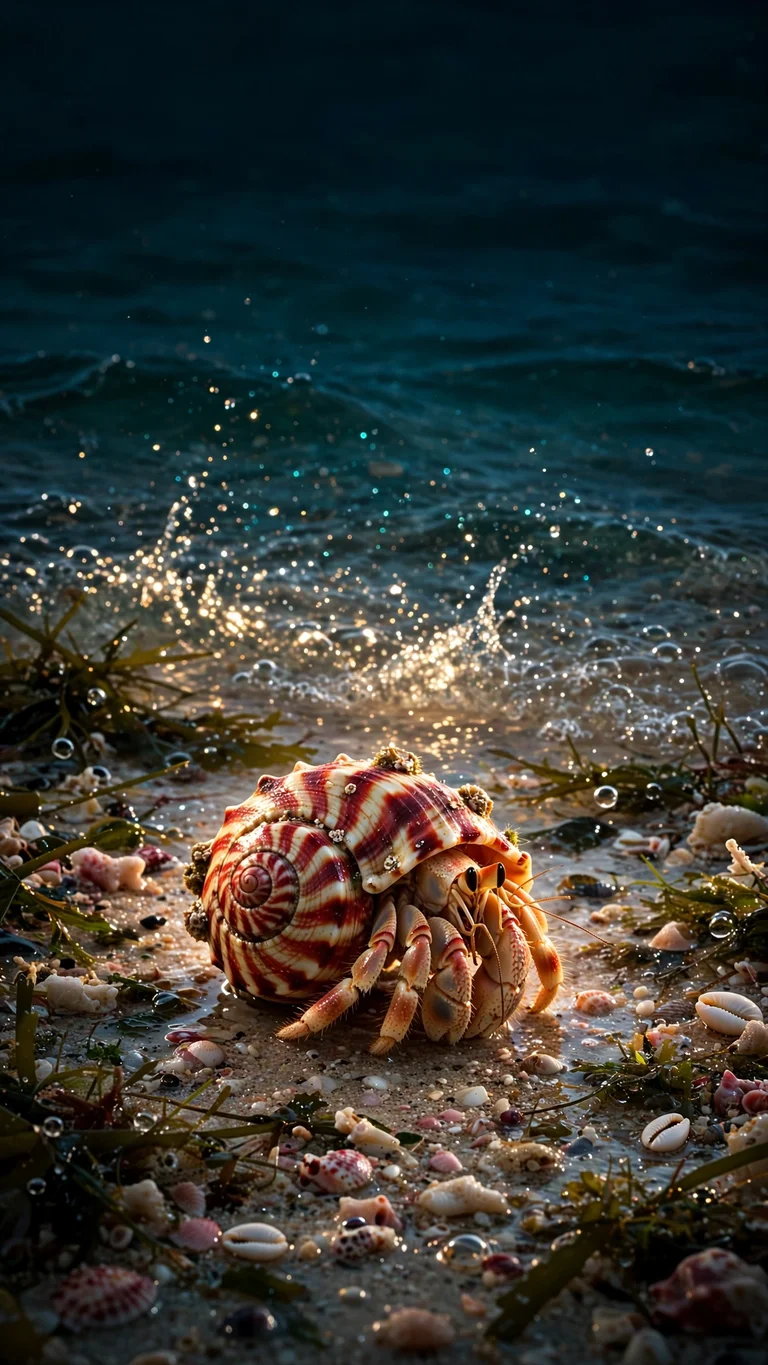 Painted Hermit Crab Shore - hermit crab in red-and-cream shell on wet coral sand, Ocean wallpaper