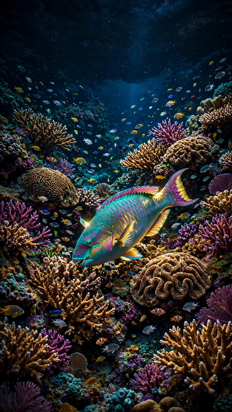 Rainbow Parrotfish Coral Garden - rainbow parrotfish over brain and staghorn coral, Ocean wallpaper