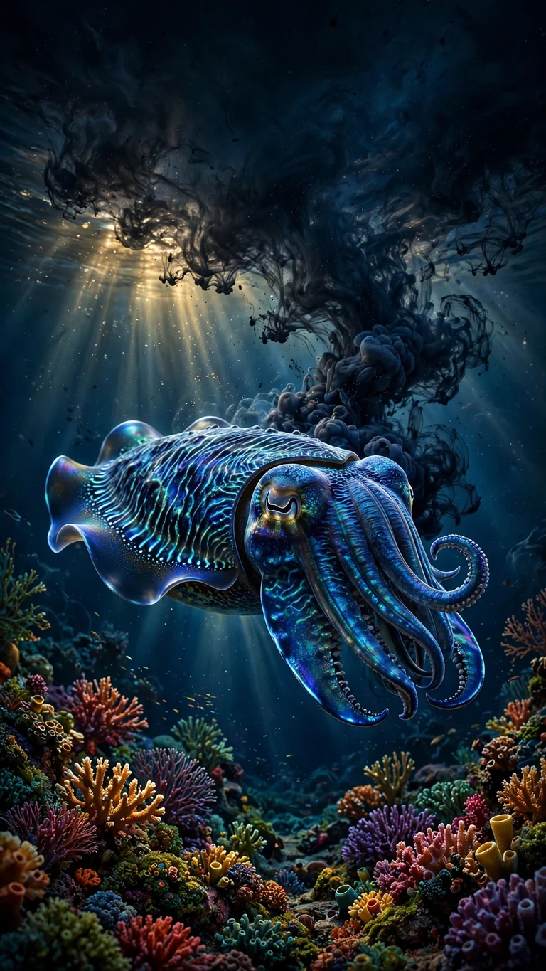 Sapphire Cuttlefish Ink Cloud - sapphire cuttlefish releasing ink cloud over coral reef, Ocean wallpaper